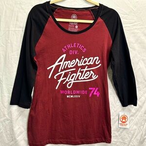 NWT AMERICAN FIGHTER 3/4 sleeve Tee Maroon, Black & Hot Pink,White Writing Sz L